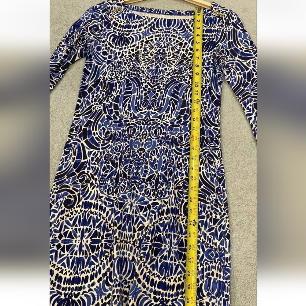 Lilly Pulitzer Blue White Print Stretch Gold Shoulder Button Dress XS-S